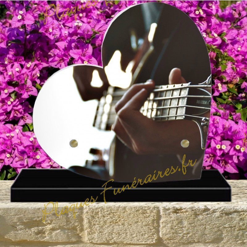 PLAQUE FUNÉRAIRE COEUR PLEXI GUITARE BASS 00807