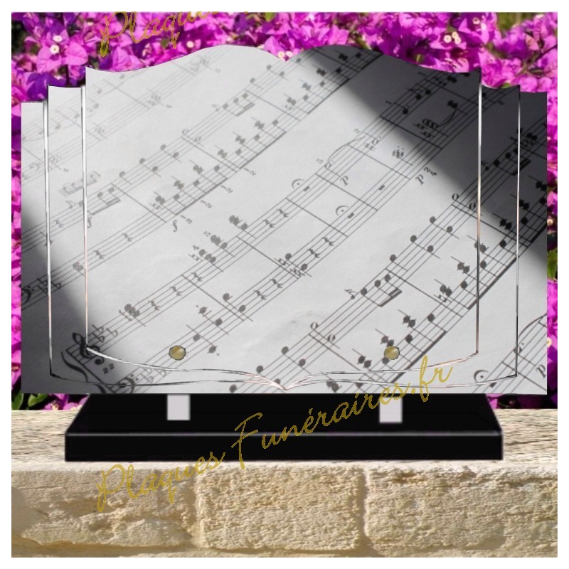 PLAQUE FUNÉRAIRE LIVRE PLEXI PARTITION MUSICIEN W00810