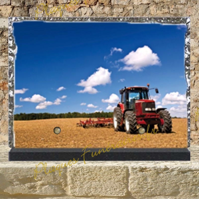 PLAQUE FUNÉRAIRE LAVE ÉMAILLÉE TRACTEUR