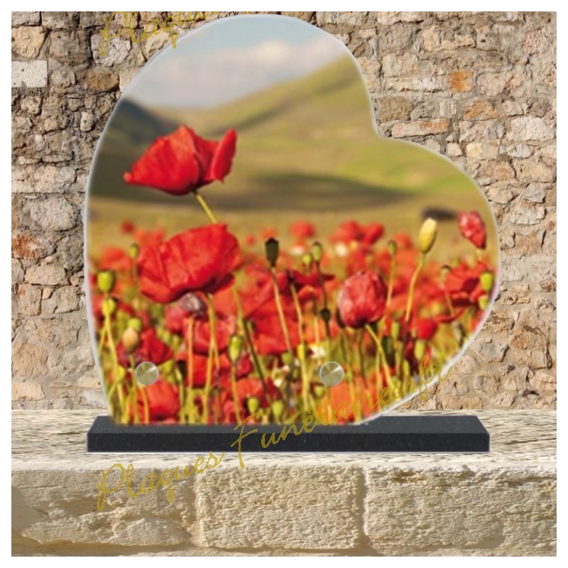 PLAQUE FUNÉRAIRE CŒUR LAVE ÉMAILLÉE COQUELICOTS PLAQUE FUNÉRAIRE CŒUR LAVE ÉMAILLÉE COQUELICOTS