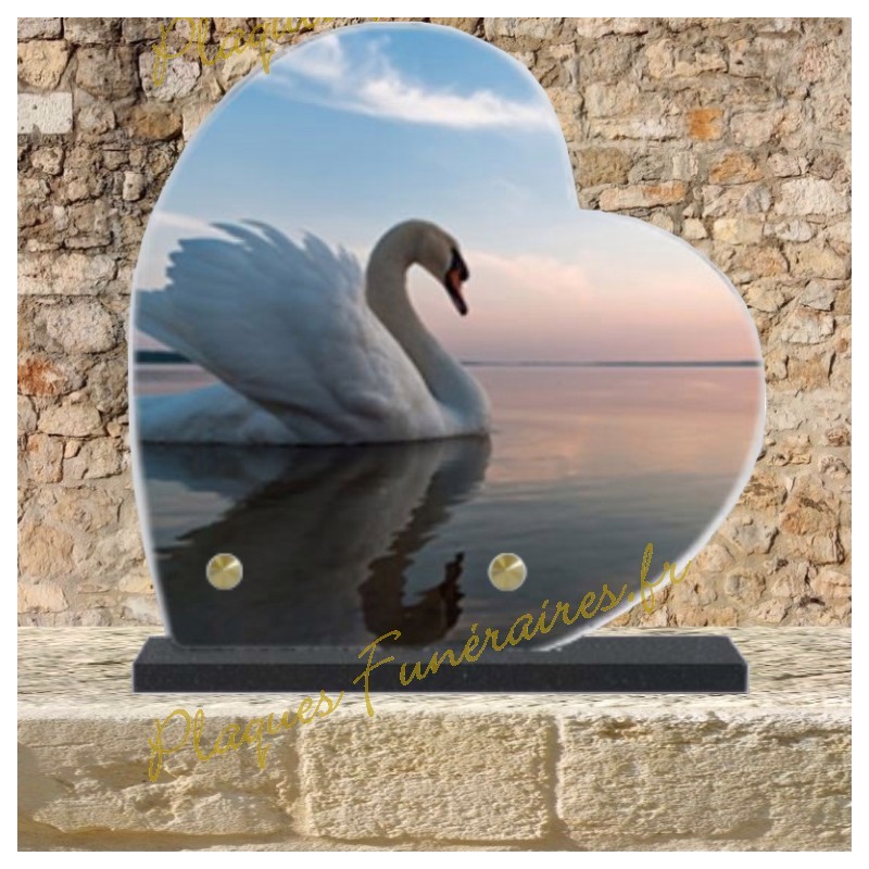 PLAQUE FUNÉRAIRE CŒUR LAVE ÉMAILLÉE CYGNE PLAQUE FUNÉRAIRE CŒUR LAVE ÉMAILLÉE CYGNE