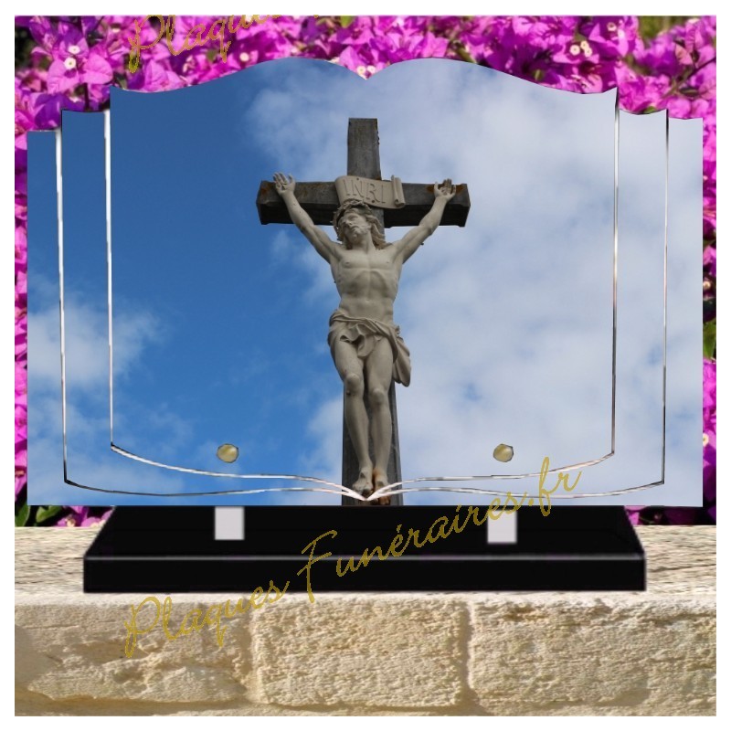 PLAQUE FUNÉRAIRE COEUR PLEXI CHRIST CROIX 00607