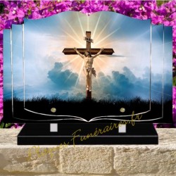 PLAQUE FUNÉRAIRE LIVRE PLEXI CHRIST CROIX W00603