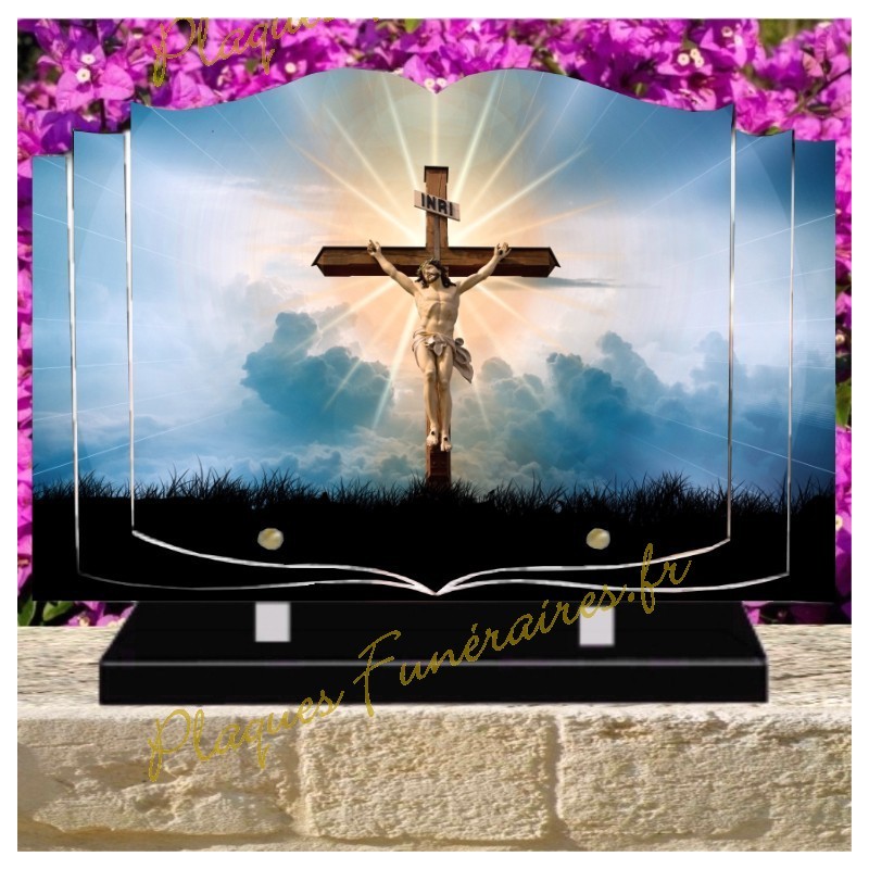 PLAQUE FUNÉRAIRE LIVRE PLEXI CHRIST CROIX W00603