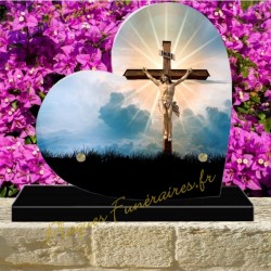 PLAQUE FUNÉRAIRE COEUR PLEXI CHRIST CROIX 00603