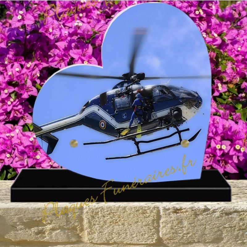 PLAQUE FUNÉRAIRE COEUR PLEXI HÉLICOPTÈRE GENDARMERIE 0325